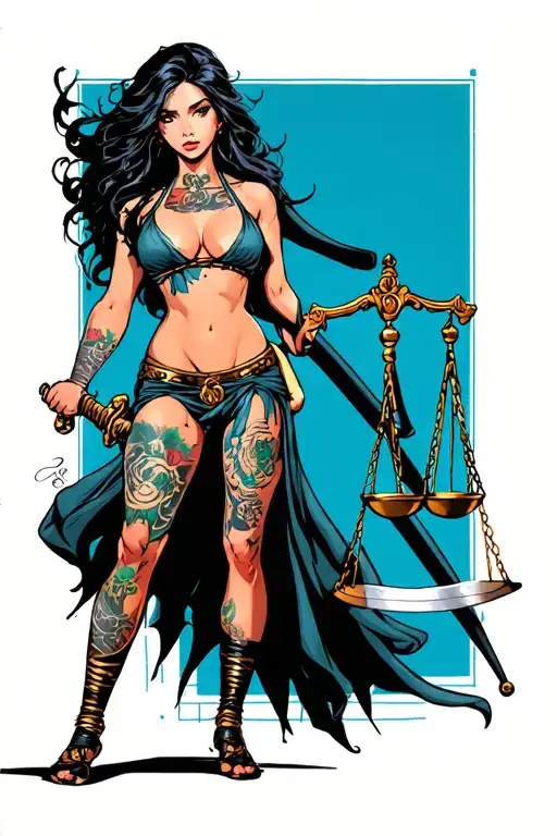 Full Body Standing Brunette Lady Justice Ripped Clothes Cartoon Katana