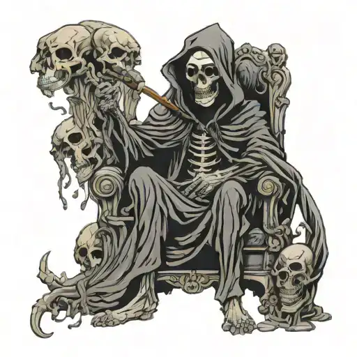 Grim Reaper Sitting On A Throne Of Skulls Smoking A Pipe