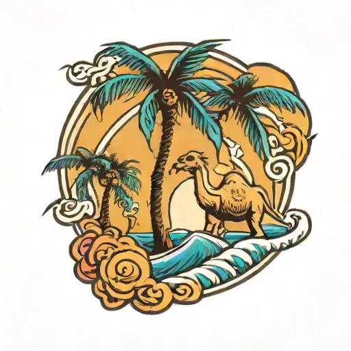 Palm Tree With Camel And Half Moon And Ocean Wave