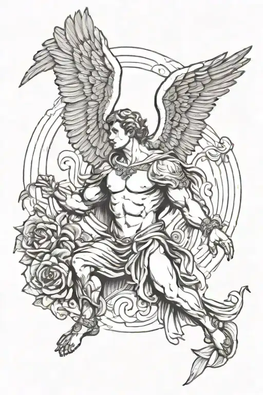 Male Angel Holding Eagle On Biceps Tattoo Only