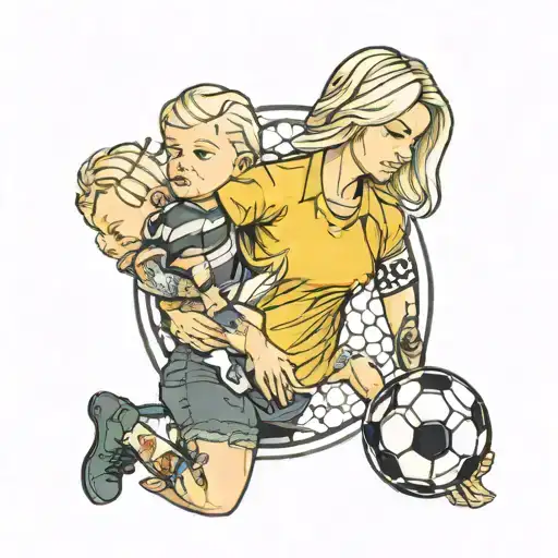 A Soccer Ball With A Blonde Woman Holding A Baby No