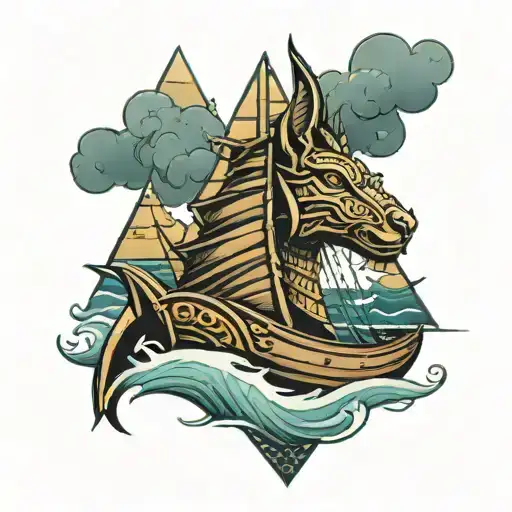 Viking Ship Sailing Through Stormy Sea Anubis Portrait With Half Pyramids