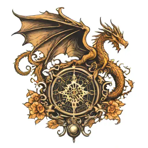 A Tree Of Life With A Dragon Sitting With Its Wings Open And Containing A Compass And An Hourglass