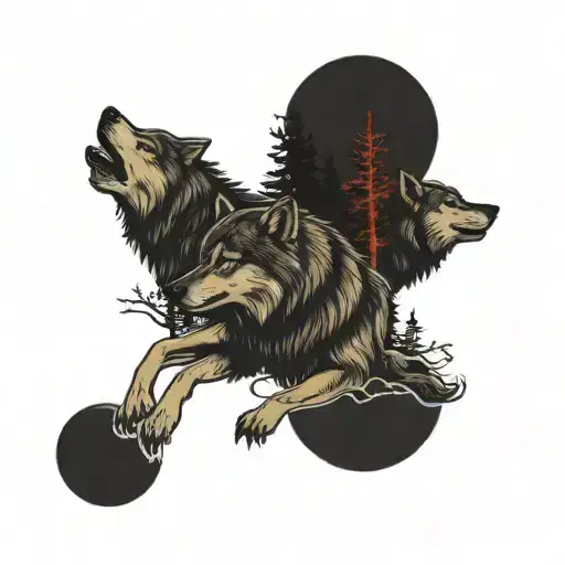 Pack Of Wolves In Front Of A Forest With The Full Moon In The Background