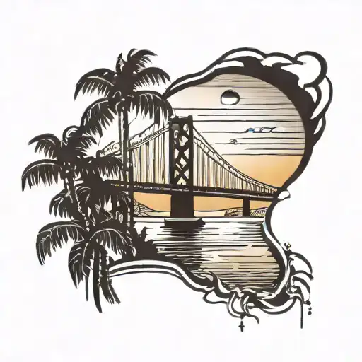 Bay Bridge With Water And Palm Trees Sunset Background