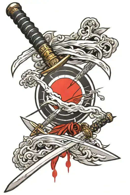 Katana Sword With Japanese Flag As The Rising Sun Setting