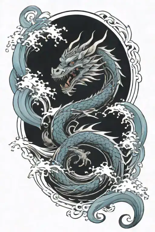 Dragon Water Waves Black Work Tattoo Design