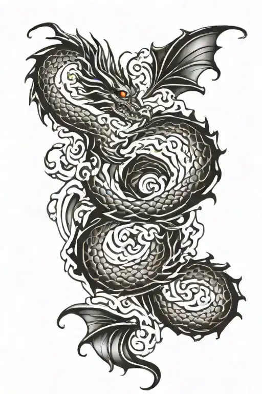 Dragon Water Waves Black Work Tattoo Design