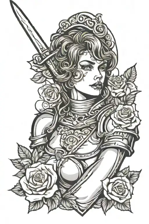 Woman Knight Head With One Hand Holding Sword And Two Roses Around