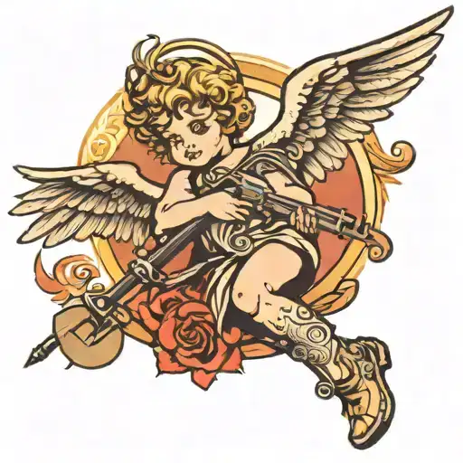 Cupid Flying With Little Horns And A Halo Holding A Ak-47