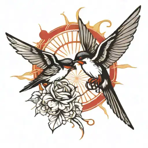 Snow In The Sun With 2 Swallows Tied By A Red Thread