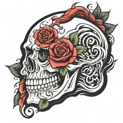 Skull Waves Roses Surrounding