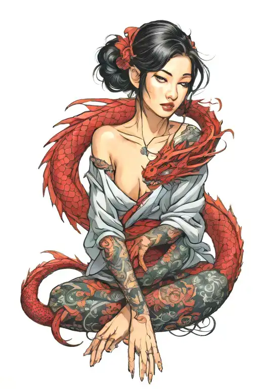 Asian Girl Wrapped By A Red Dragon