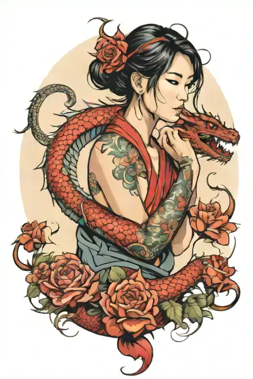 Asian Girl Wrapped By A Red Dragon With Roses