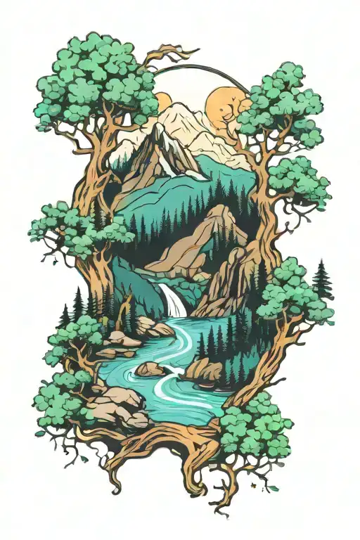Forest Flowing Into Mountains Flowing Into Lakes
