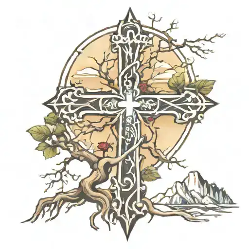 Cross With Roots Growing Out Of It With Mountains In The Background