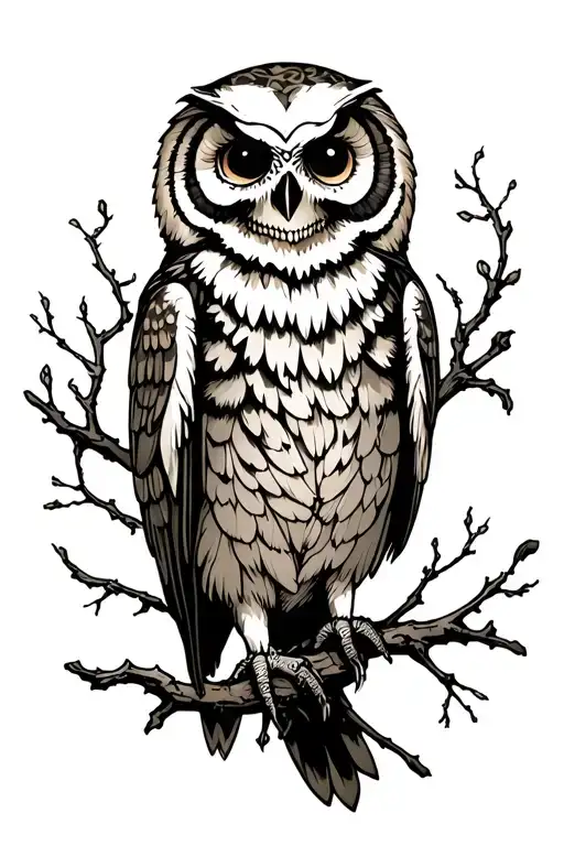 Owl With Skull Perched In Branch