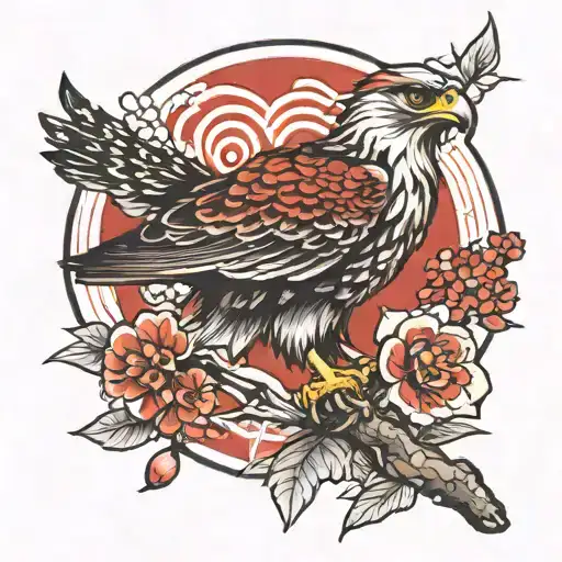 Hawk On Japanese Tree With Red Blood Mom