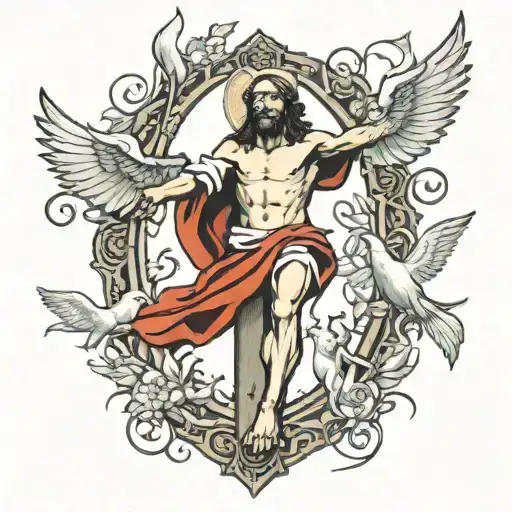 Jesus On Cross And Doves Flying Down From Heven