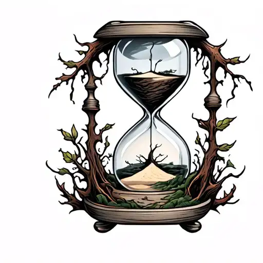 Quad Tattoo Hourglass With Dead Tree On Bottom With The Dead Leaves Making The Sand In The Bottom