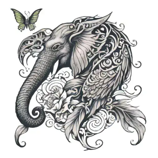Phoenix With Elephant And Butterfly Hidden In The Line Work