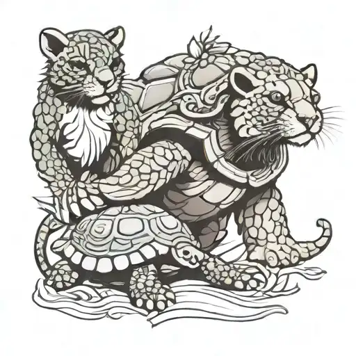 Turtle And Lion Cub Playing Together