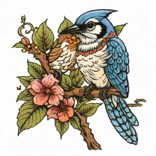 Blue Jay And Humming Bird Sitting On A Branch
