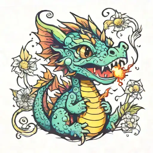 Colorful Baby Dragon Holding Dandelion On Fire