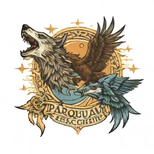 2 Wolves With Eagle Soaring With Text Parquam Non Paratus