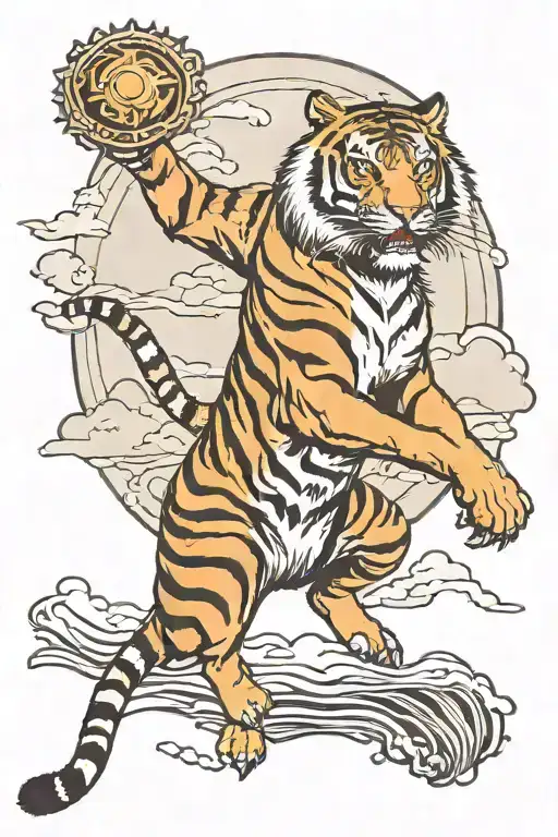 Tiger Jumping With A Sun And Mountain Landscape