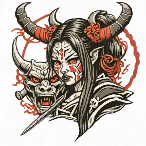 Girl With Oni Mask With Katana
