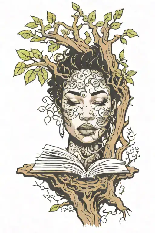 Biracial Women's Face In A Tree With Roots And Books