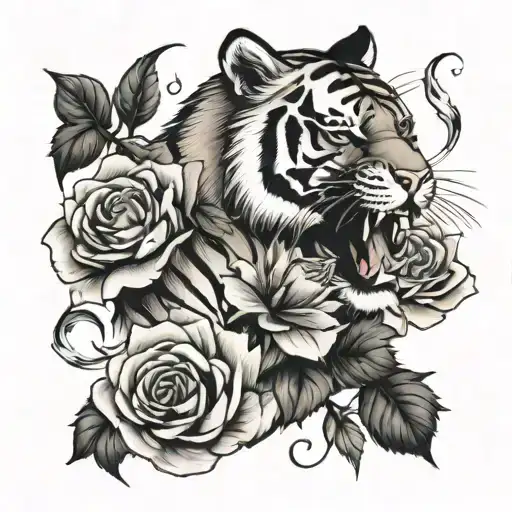 Angry Tiger And Roses Black And White Light Weight Design
