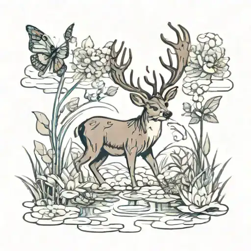 Deer By A Pond With Bass Fish In The Pond And Frogs On The Lilipads And Butterflies Flying Around