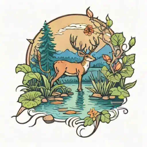 Deer By A Pond With Bass Fish In The Pond And Frogs On The Lilipads And Butterflies Flying Around