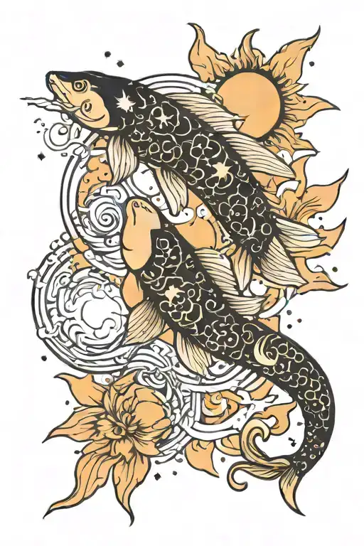 Sleeve Tattoo Featuring The Galaxy And Koi Fish That Look Like The Sun And Moon