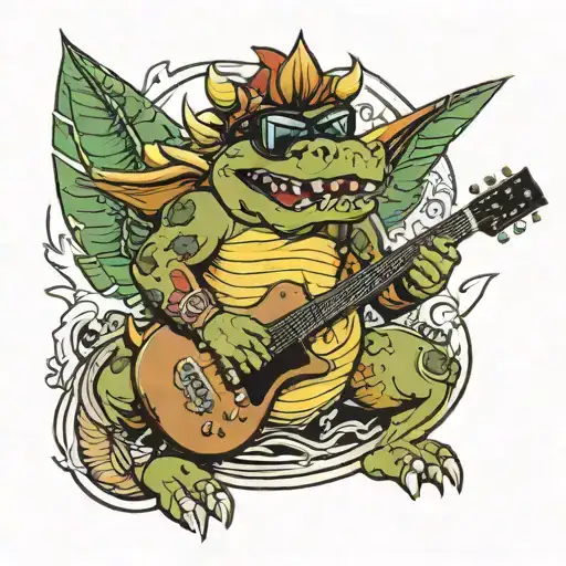 Bowser In Sunglasses On A Surfboard Holding A Double Necked Guitar In Front Of A Potleaf