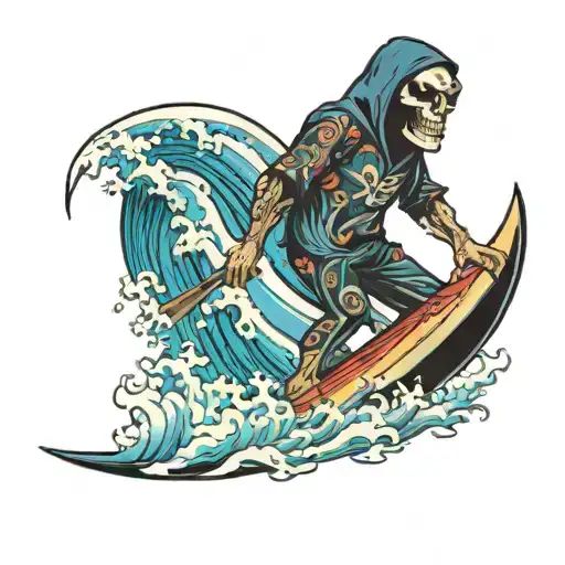 Grim Reaper Surfing With A Hawaiin Shirt Standing