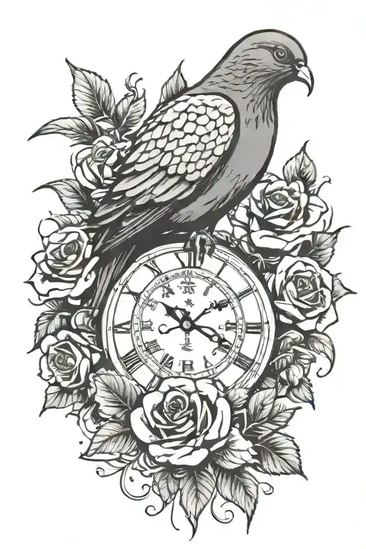 Roses Wrapped Clock Face Pigeon Sitting