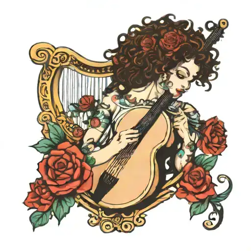 Beautiful Woman With Curly Hair Playing A Lyre Surrounded By Roses