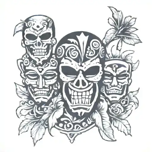A Hawaiian Themed Tattoo With A Horror Twist Featuring A Haunted Tiki Mask