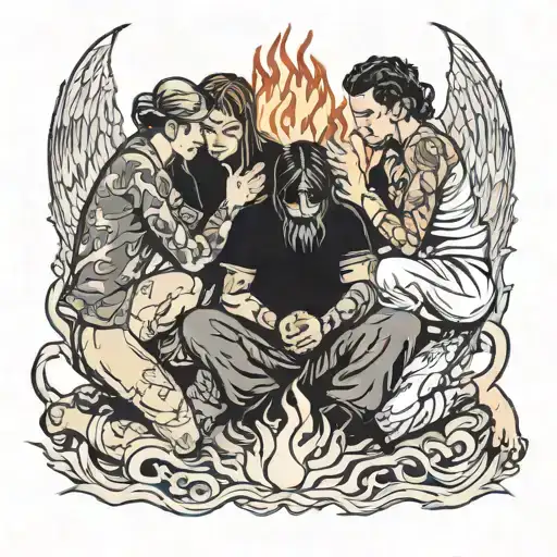 Four People Kneeling In Fire