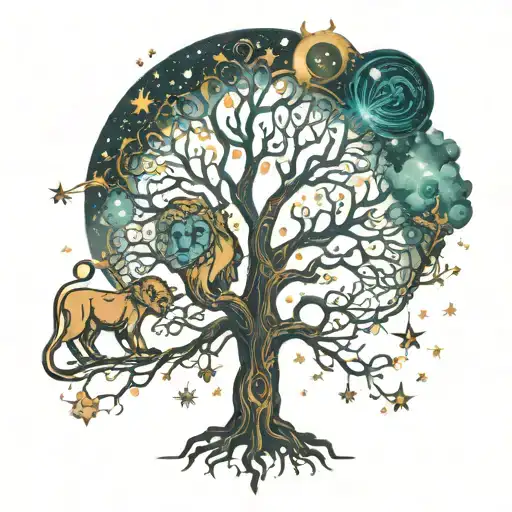 Tree Of Life With A Lion Staring At The Stars