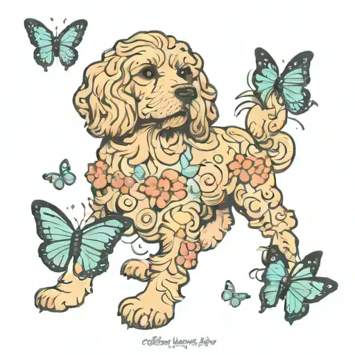 Cockapoo Dog Outline With Cursive Writing Saying Harley Surrounded By Butterflies