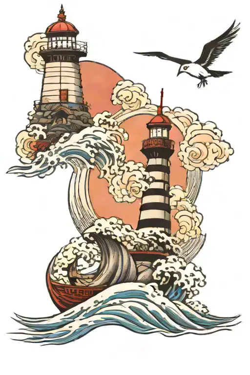 Japanese Waves And Lighthouse Standing Tall