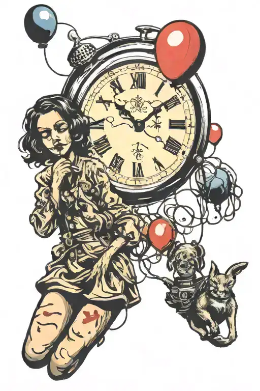 Bansky Girl Holding Balloon Floating And Dali Melting Clock