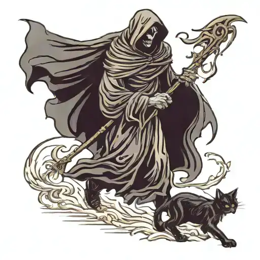 Grim Reaper Walking With A Black Cat Silhouette