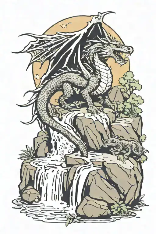 Dragon On Waterfall With Panther Lying On Rock By Stream