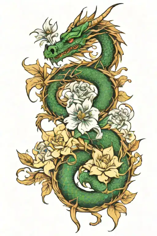 Dragon And Flowers Intertwined