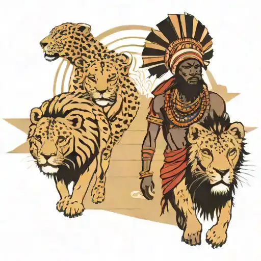 African Warrier Walking Down A Tunnel With Lions Skin On His Head But Also Showing Warriors Face